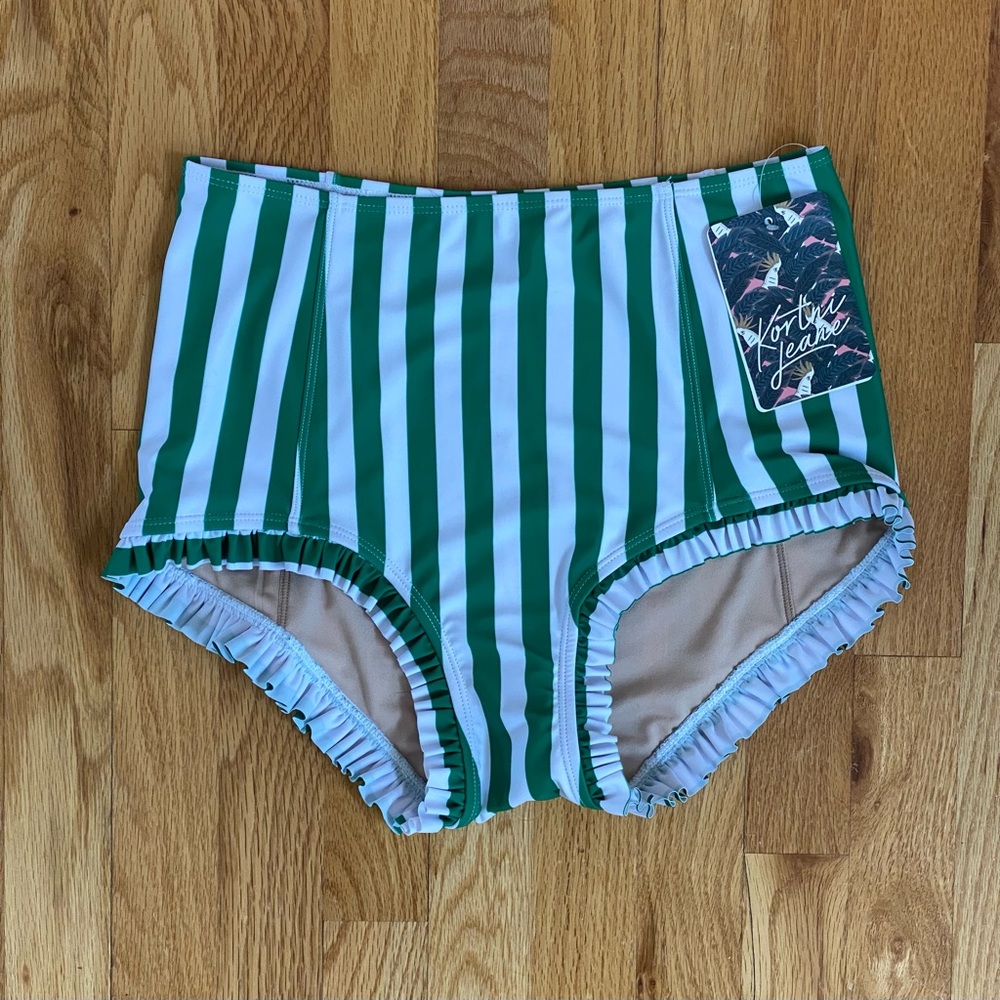 Kortni Jeane Green Stripe ruffle swim bottoms NWT